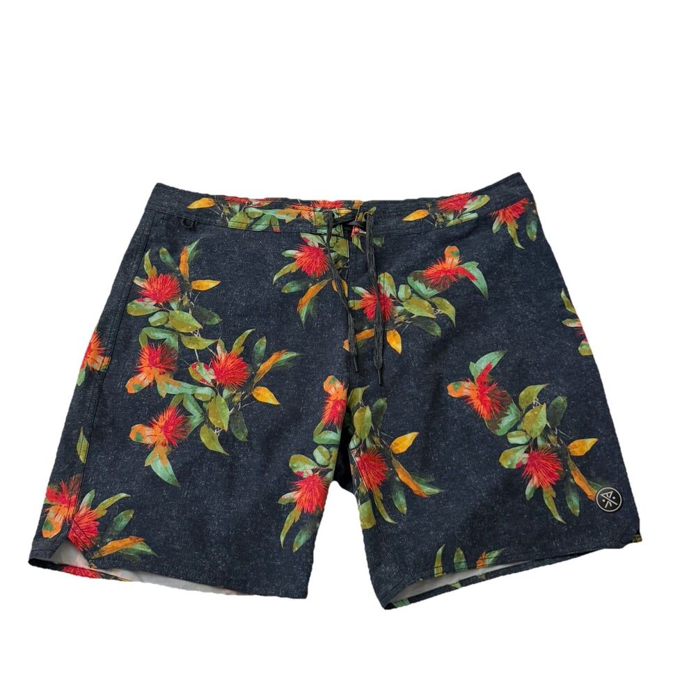 ROARK Passage La Selva Board Shorts Mens 36‎ Blue Floral Print Hemp Blend Beach